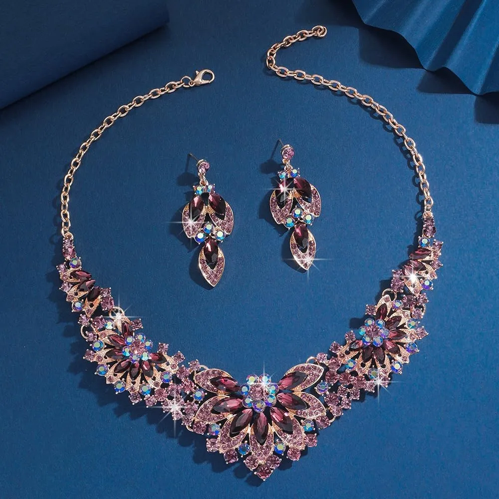 Statement Necklace with Earrings Jewelry Set for Wedding Brides Teardrop Crystal Jewelry Set for Women Banquet Costume Jewelry