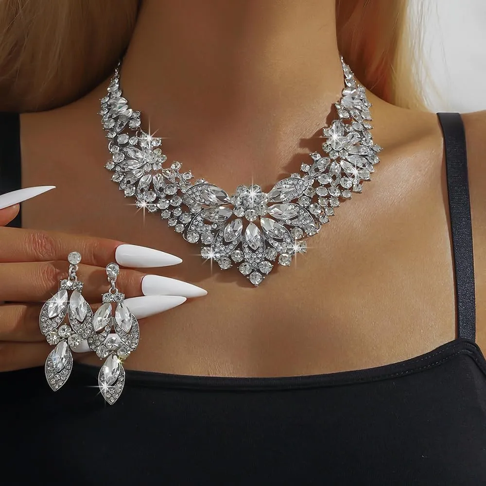 Statement Necklace with Earrings Jewelry Set for Wedding Brides Teardrop Crystal Jewelry Set for Women Banquet Costume Jewelry