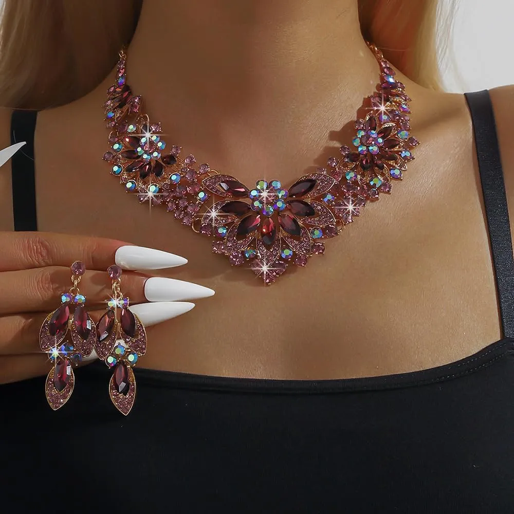 Statement Necklace with Earrings Jewelry Set for Wedding Brides Teardrop Crystal Jewelry Set for Women Banquet Costume Jewelry