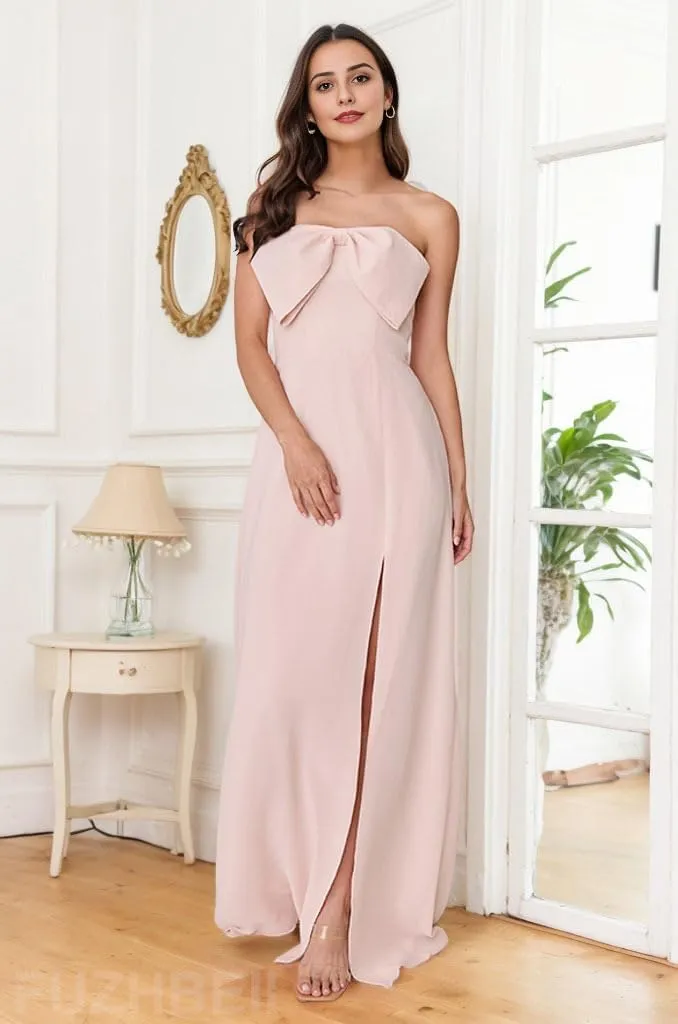 Strapless Prom Dress with Bow A Line Long Chiffon Formal Bridesmaid Dresses for Wedding Guest with Slit P133