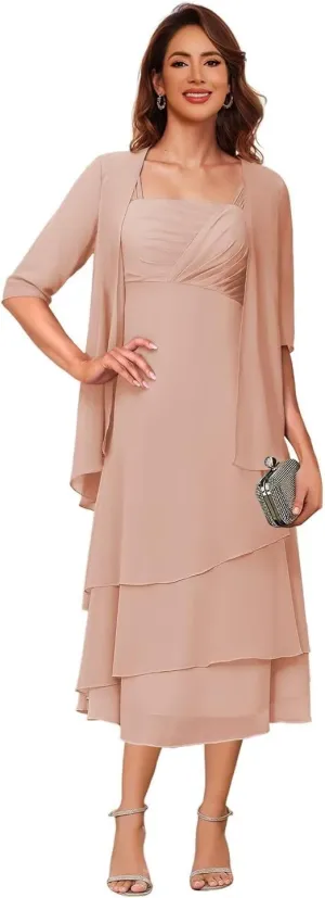 Stylefun Women's Mother of The Bride Dress for Wedding 2025 with Jacket 2 Piece Chiffon Formal Evening Dress CYM312