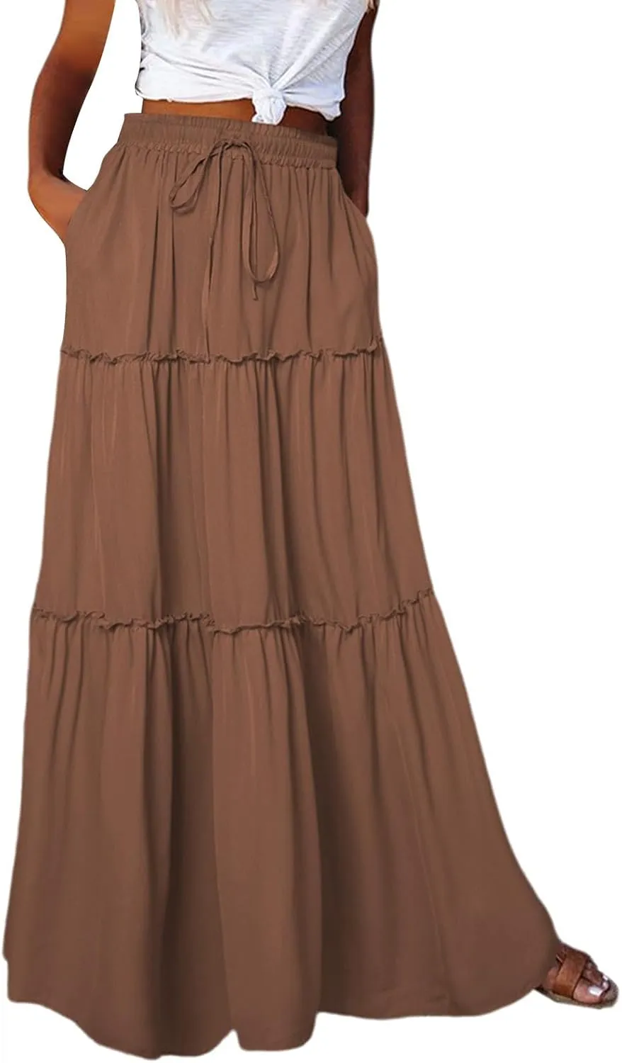 Summer Boho Floral Mixi Skirts for Women Girls A-Line Long Pleated Waist Flowy Swing Tiered Long Skirt with Pockets
