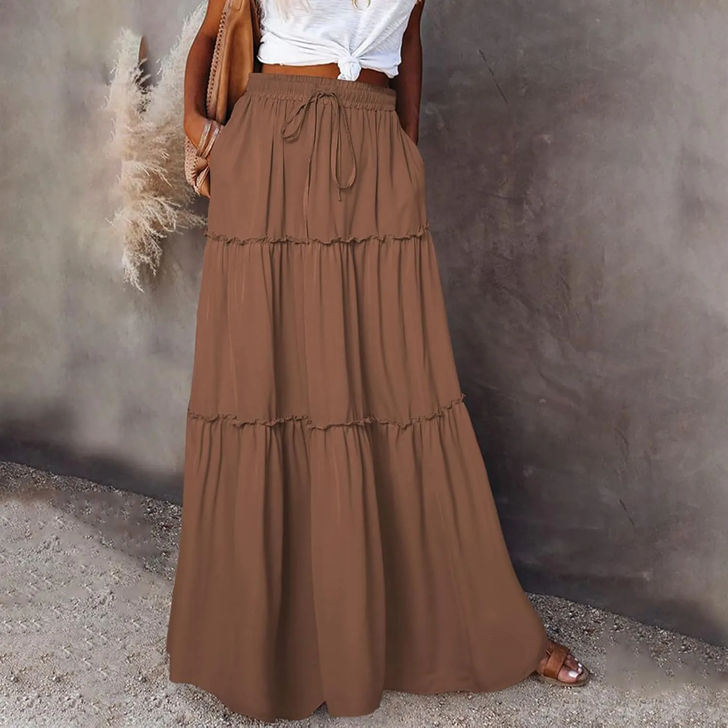 Summer Boho Floral Mixi Skirts for Women Girls A-Line Long Pleated Waist Flowy Swing Tiered Long Skirt with Pockets