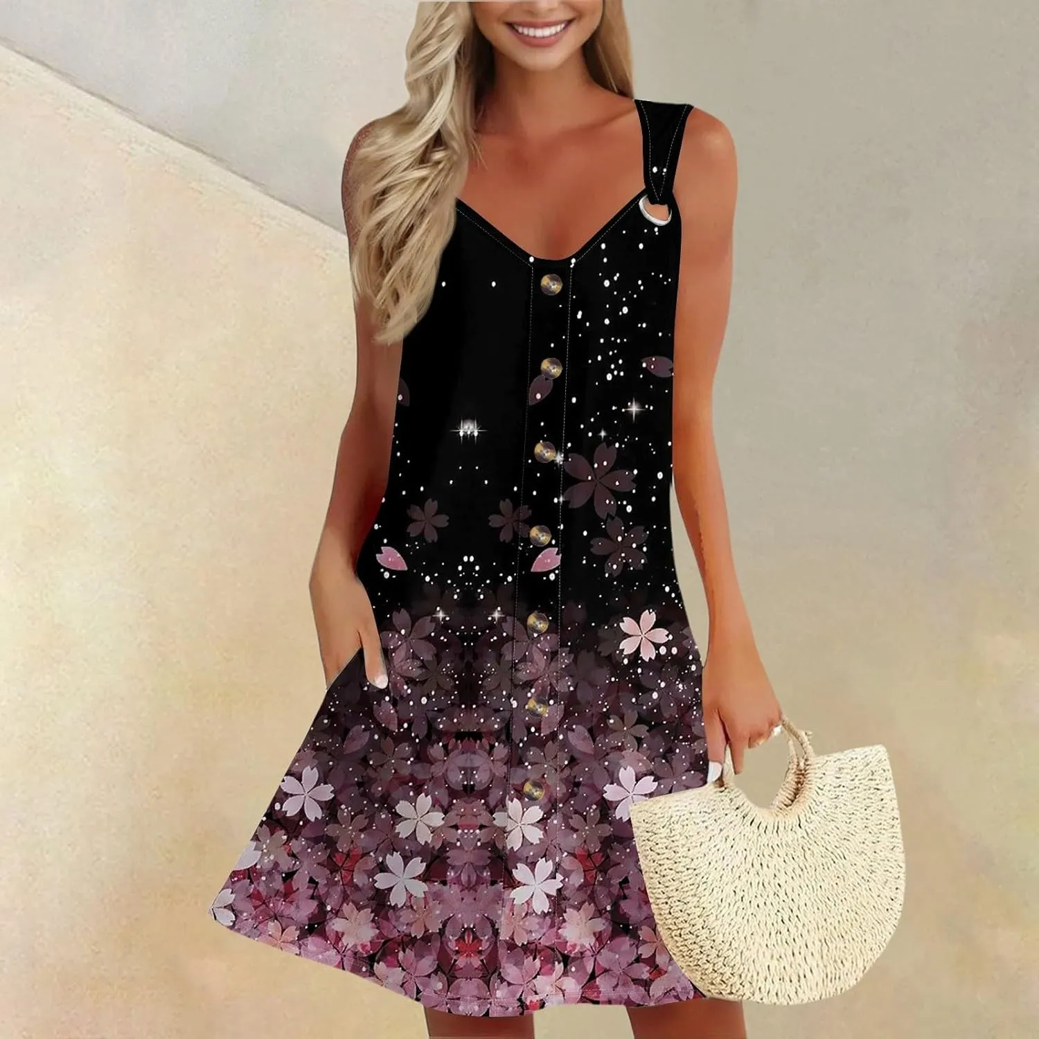 Summer Dresses for Women 2025 Loose Fit Sundress Sleeveless V Neck Beach Vacation Dress Casual Tank Dress with Pockets