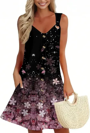 Summer Dresses for Women 2025 Loose Fit Sundress Sleeveless V Neck Beach Vacation Dress Casual Tank Dress with Pockets