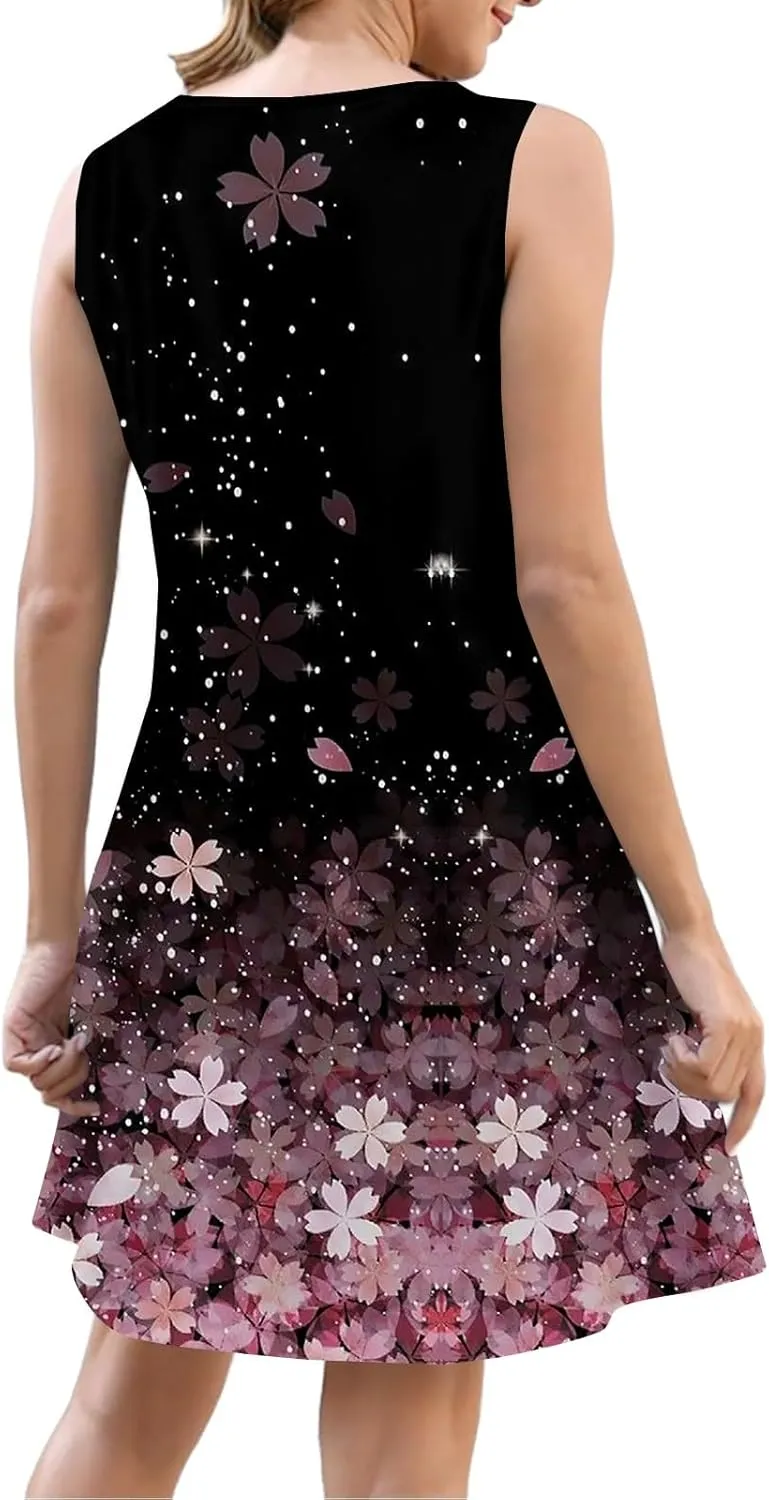 Summer Dresses for Women 2025 Loose Fit Sundress Sleeveless V Neck Beach Vacation Dress Casual Tank Dress with Pockets