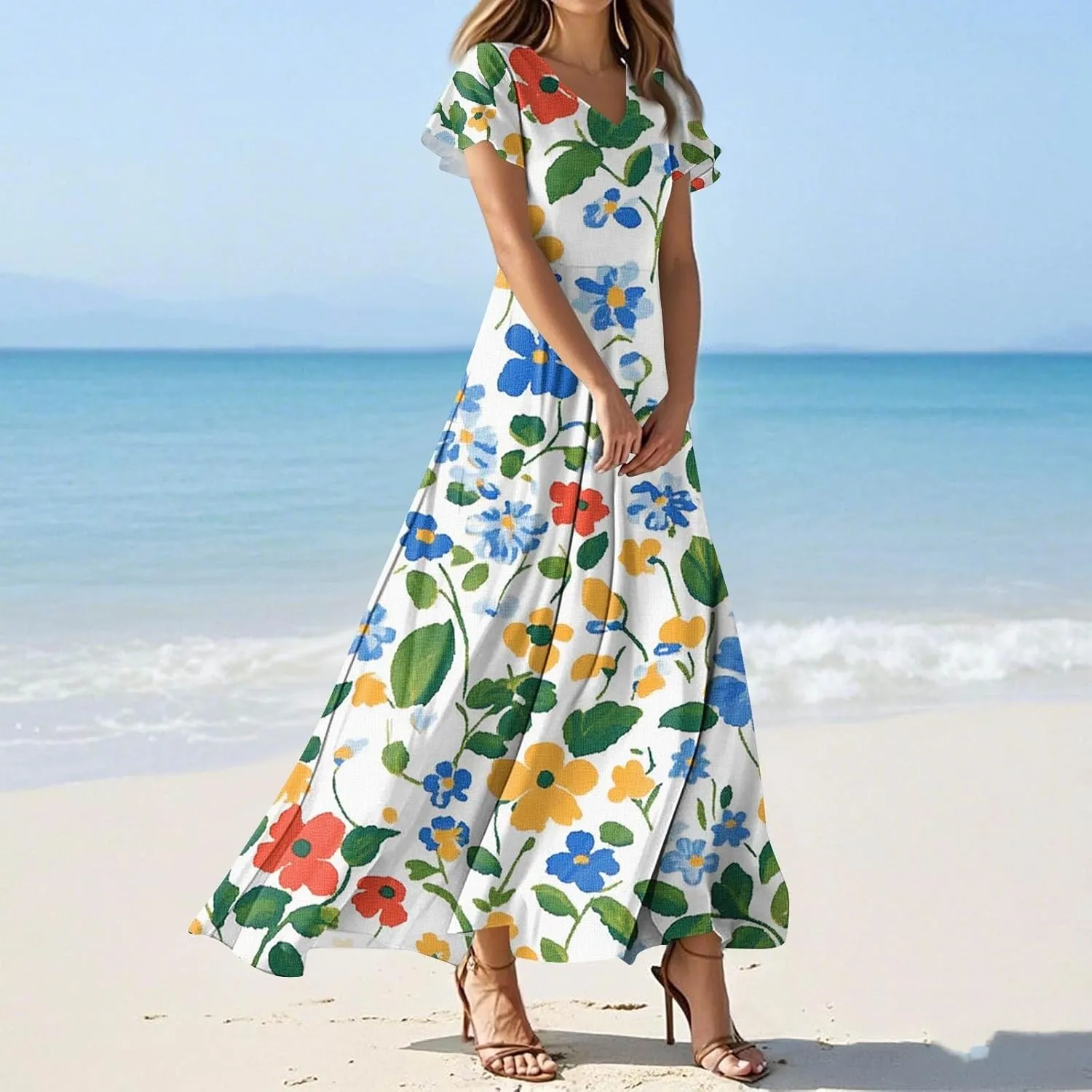Summer Dresses for Women Casual Print Short Sleeves Sundress Fashion Beach Vacation Floral Maxi Dress Summer Dresses