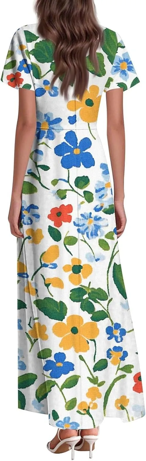 Summer Dresses for Women Casual Print Short Sleeves Sundress Fashion Beach Vacation Floral Maxi Dress Summer Dresses