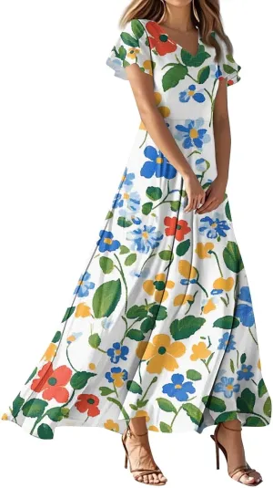 Summer Dresses for Women Casual Print Short Sleeves Sundress Fashion Beach Vacation Floral Maxi Dress Summer Dresses