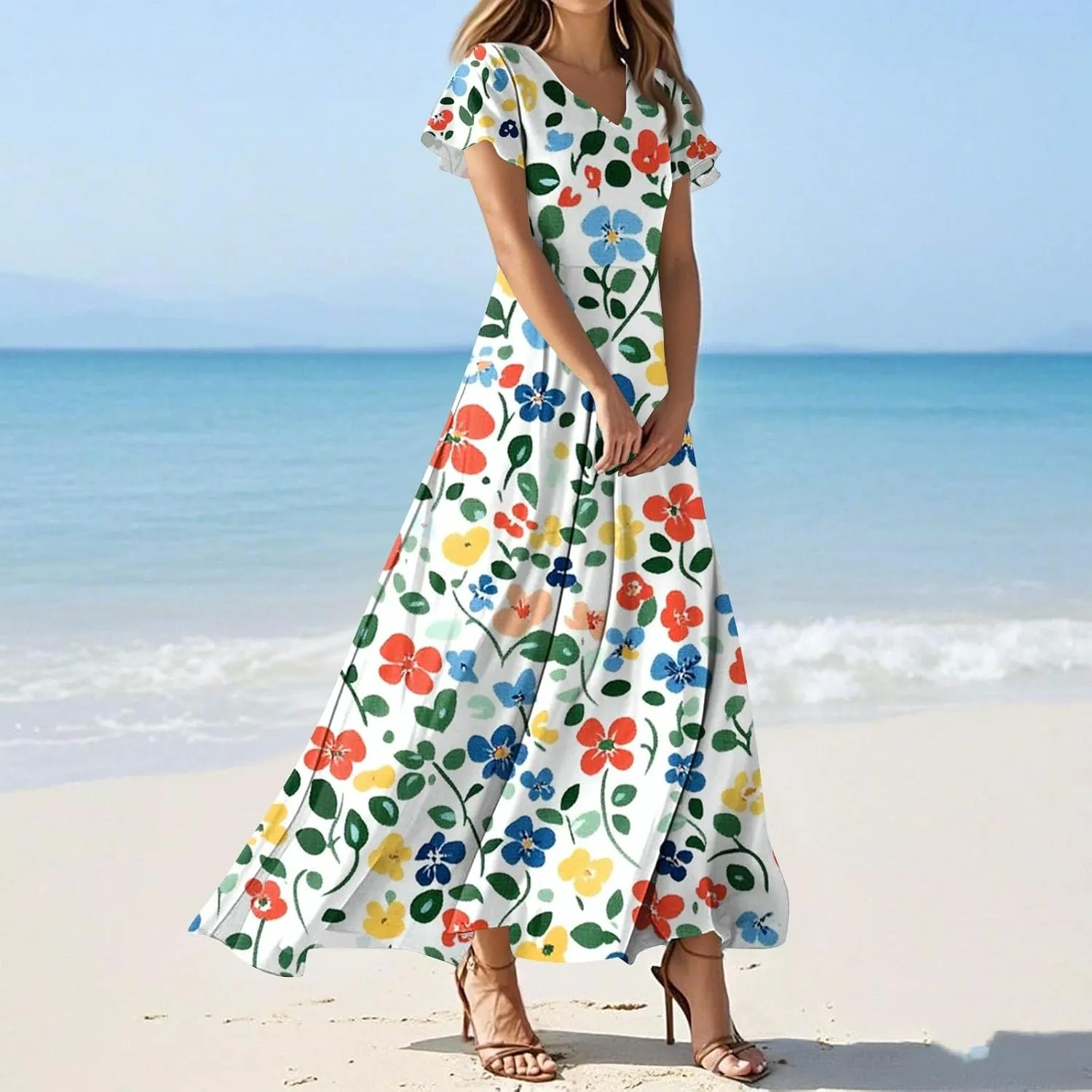 Summer Dresses for Women Casual Print Short Sleeves Sundress Fashion Beach Vacation Floral Maxi Dress Summer Dresses