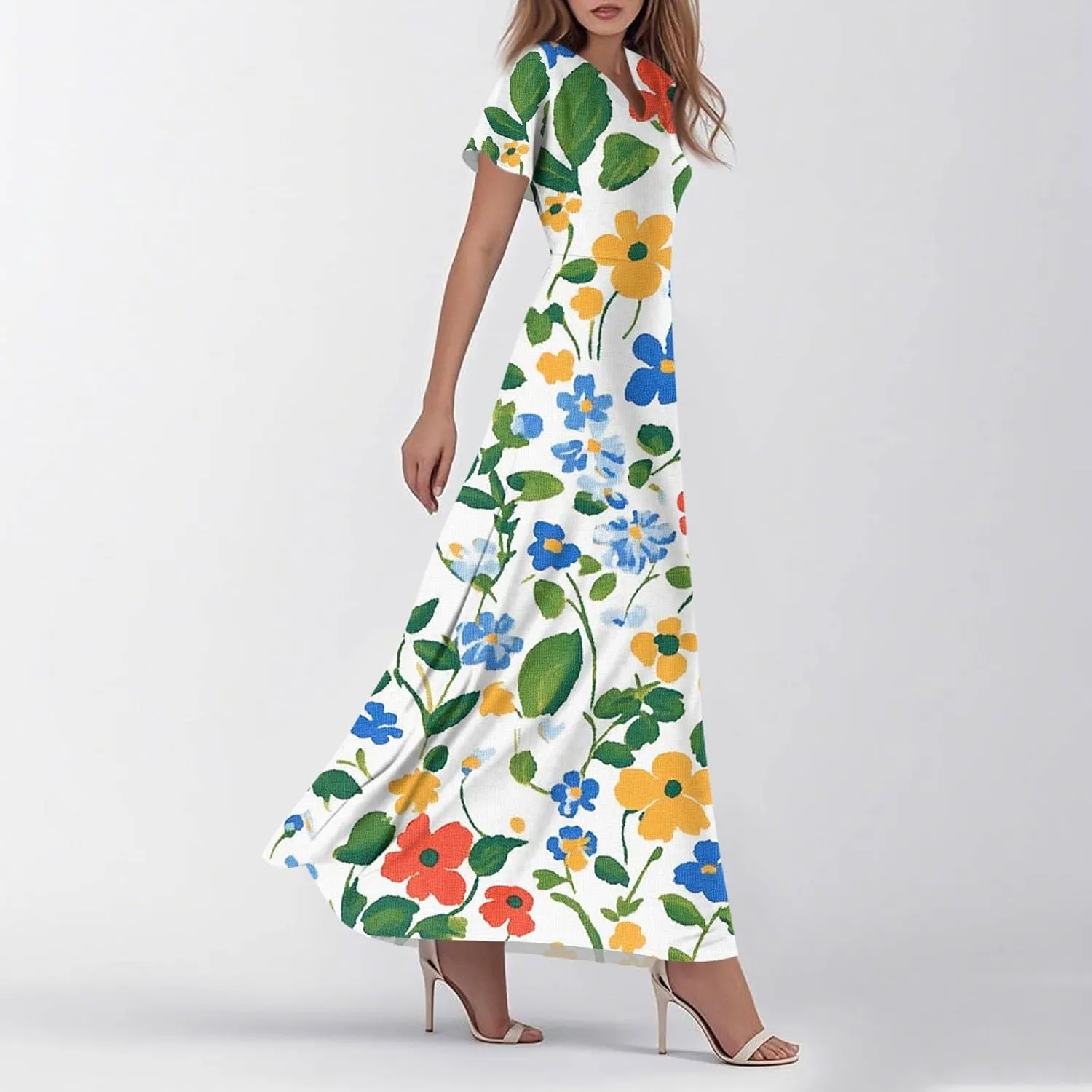 Summer Dresses for Women Casual Print Short Sleeves Sundress Fashion Beach Vacation Floral Maxi Dress Summer Dresses