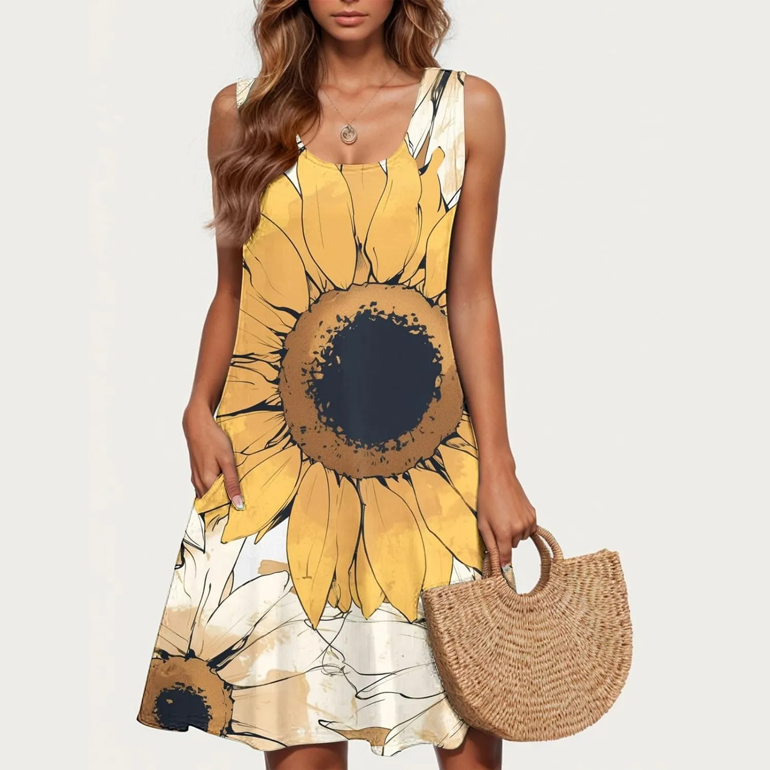 Summer Dresses for Women Sleevless Floral Midi Dress Ruffle Hem V Neck Dress Holiday Dresses for Women