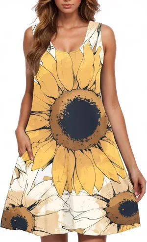 Summer Dresses for Women Sleevless Floral Midi Dress Ruffle Hem V Neck Dress Holiday Dresses for Women