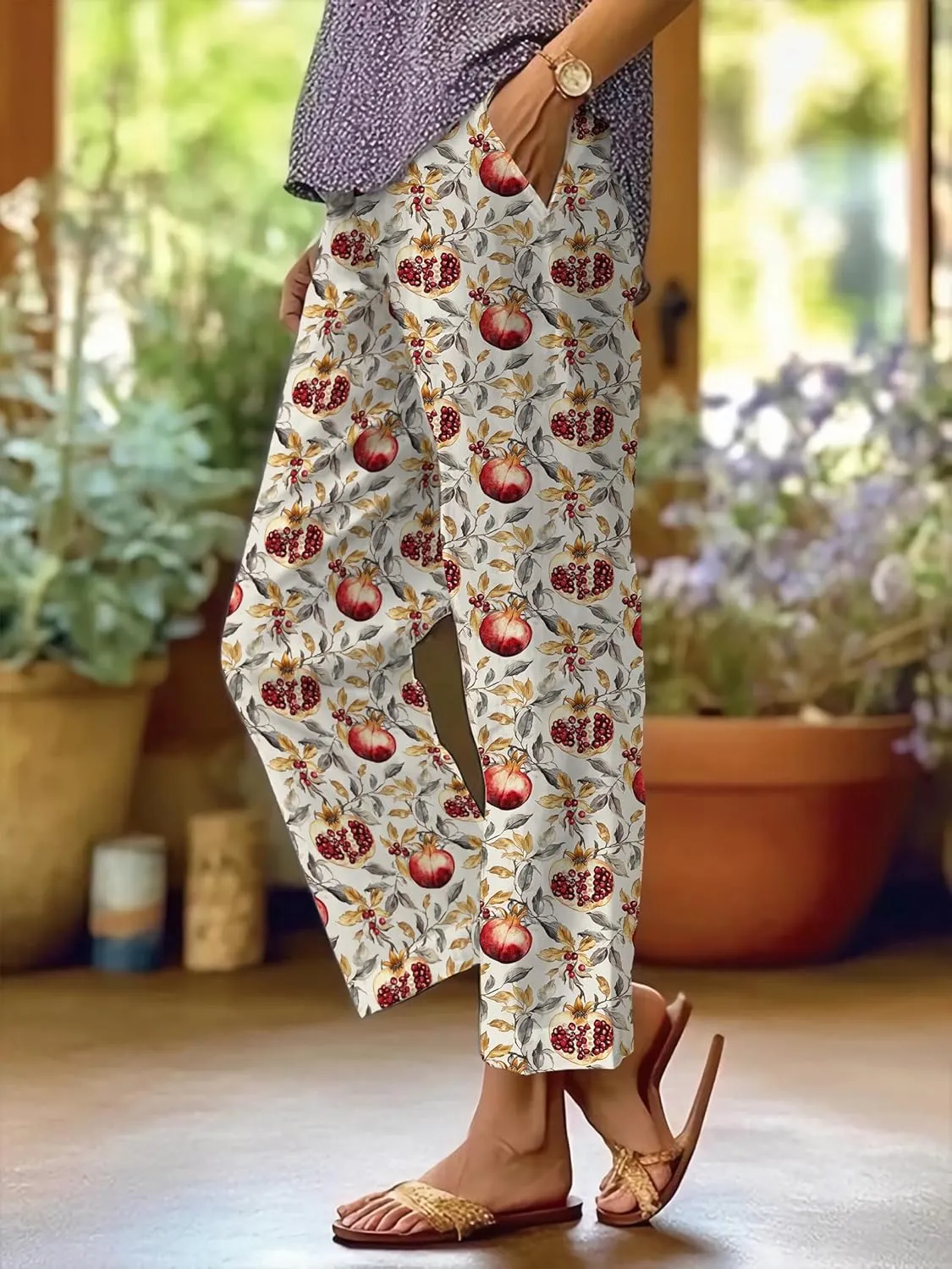 Summer Linen Pants for Women Wide Leg Boho Pants Loose Palazzo Pants Floral Pants with Drawstring and Pockets