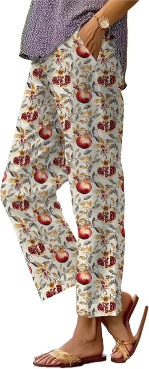 Summer Linen Pants for Women Wide Leg Boho Pants Loose Palazzo Pants Floral Pants with Drawstring and Pockets