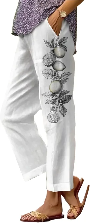 Summer Linen Pants for Women Wide Leg Boho Pants Loose Palazzo Pants Floral Pants with Drawstring and Pockets