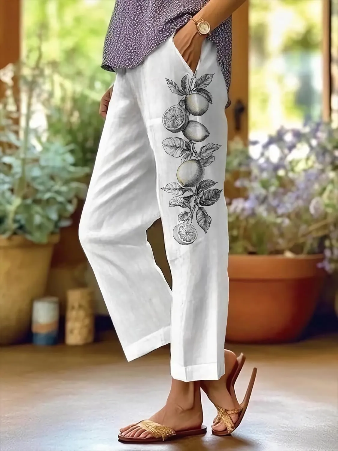 Summer Linen Pants for Women Wide Leg Boho Pants Loose Palazzo Pants Floral Pants with Drawstring and Pockets
