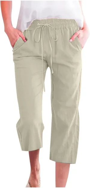 Summer Pants for Women - Linen Capri Pants for Women Cropped Casual Pants Baggy Beach Pants with Pockets Lounge Trousers
