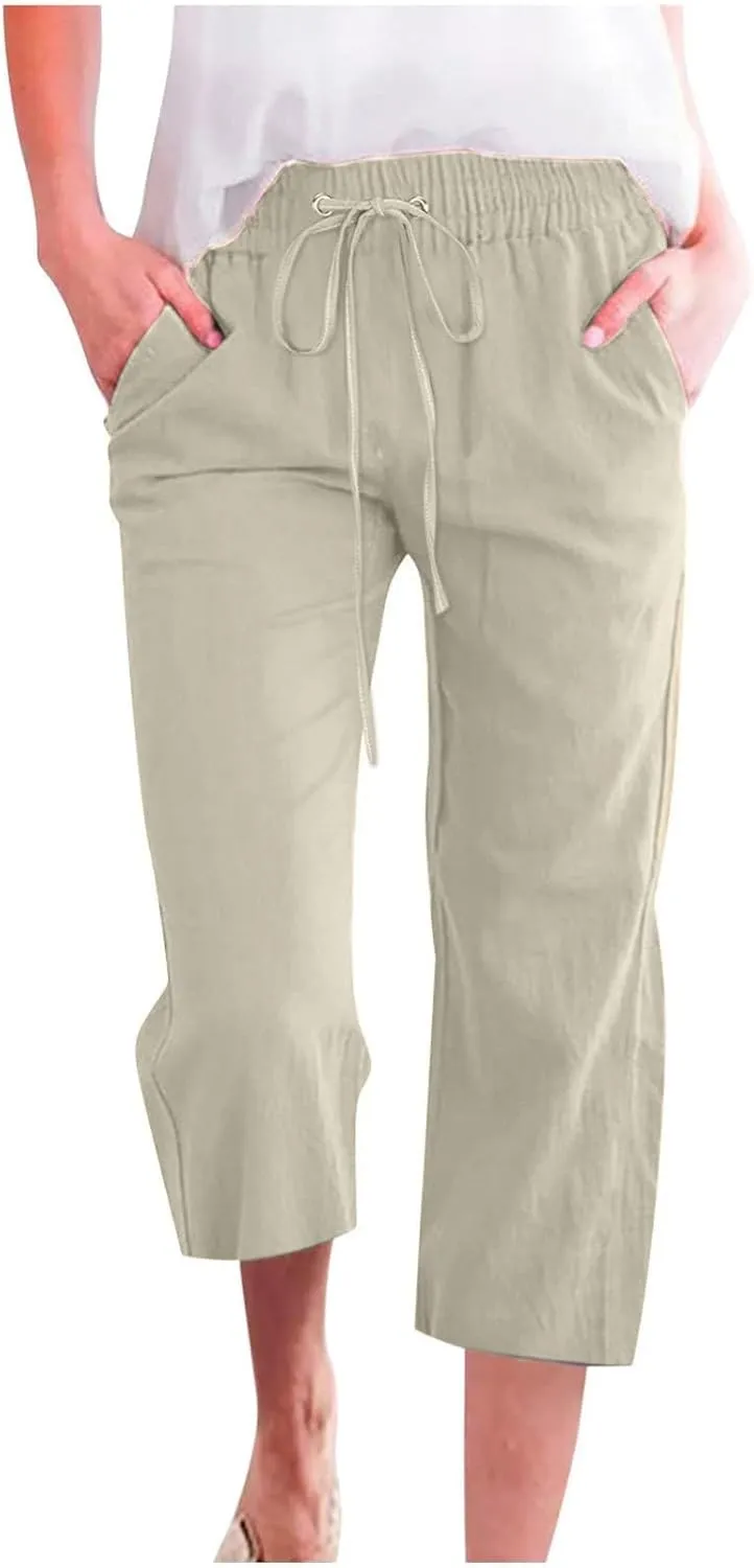 Summer Pants for Women - Linen Capri Pants for Women Cropped Casual Pants Baggy Beach Pants with Pockets Lounge Trousers
