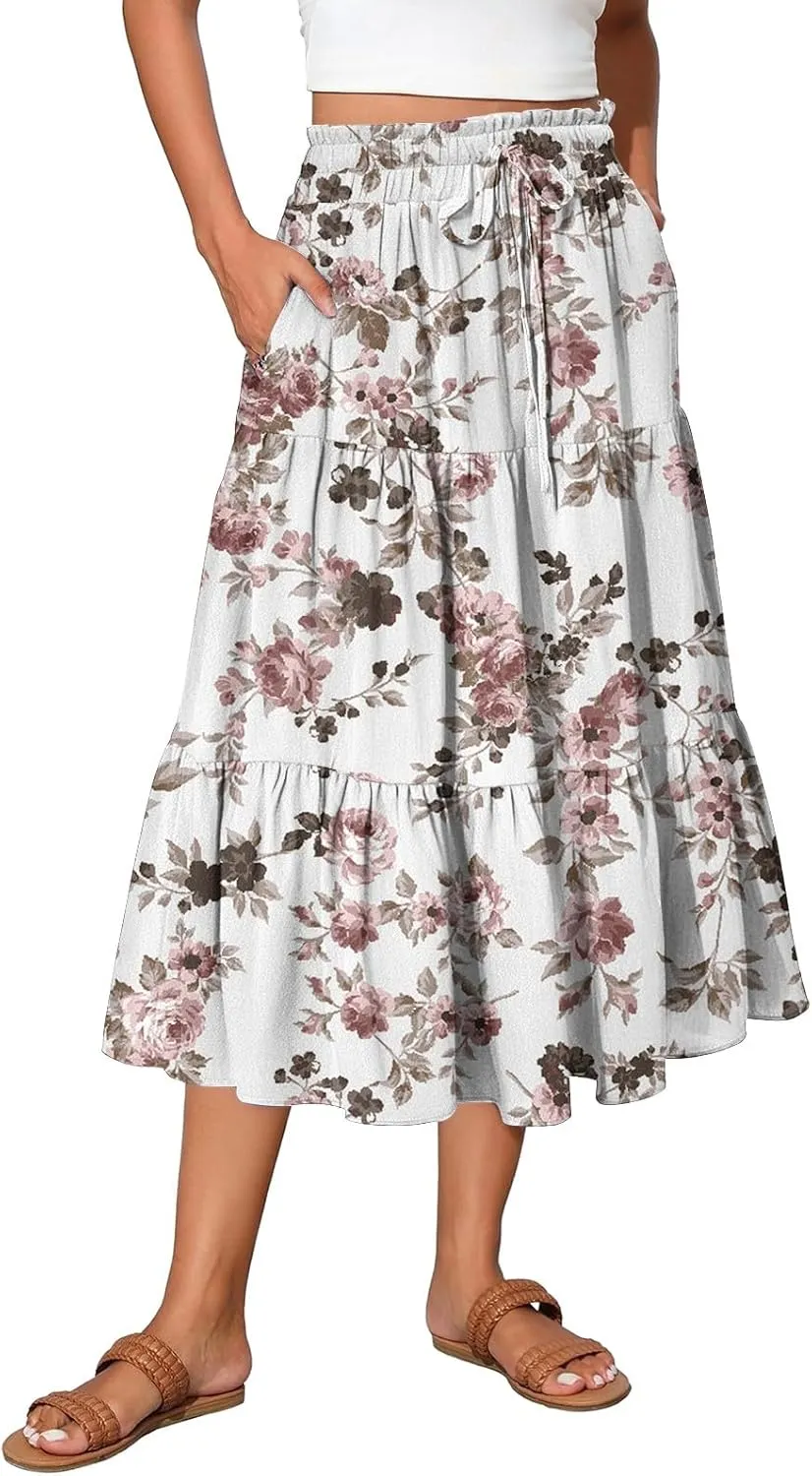 Summer Skirt for Women Comfy Tiered Elastic High Waisted Floral Maxi Skirts Vacation A-Line Flowy Swing Long Skorts