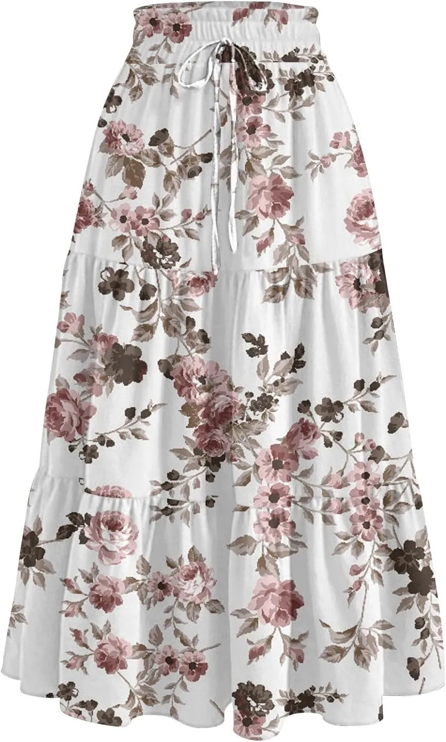 Summer Skirt for Women Comfy Tiered Elastic High Waisted Floral Maxi Skirts Vacation A-Line Flowy Swing Long Skorts