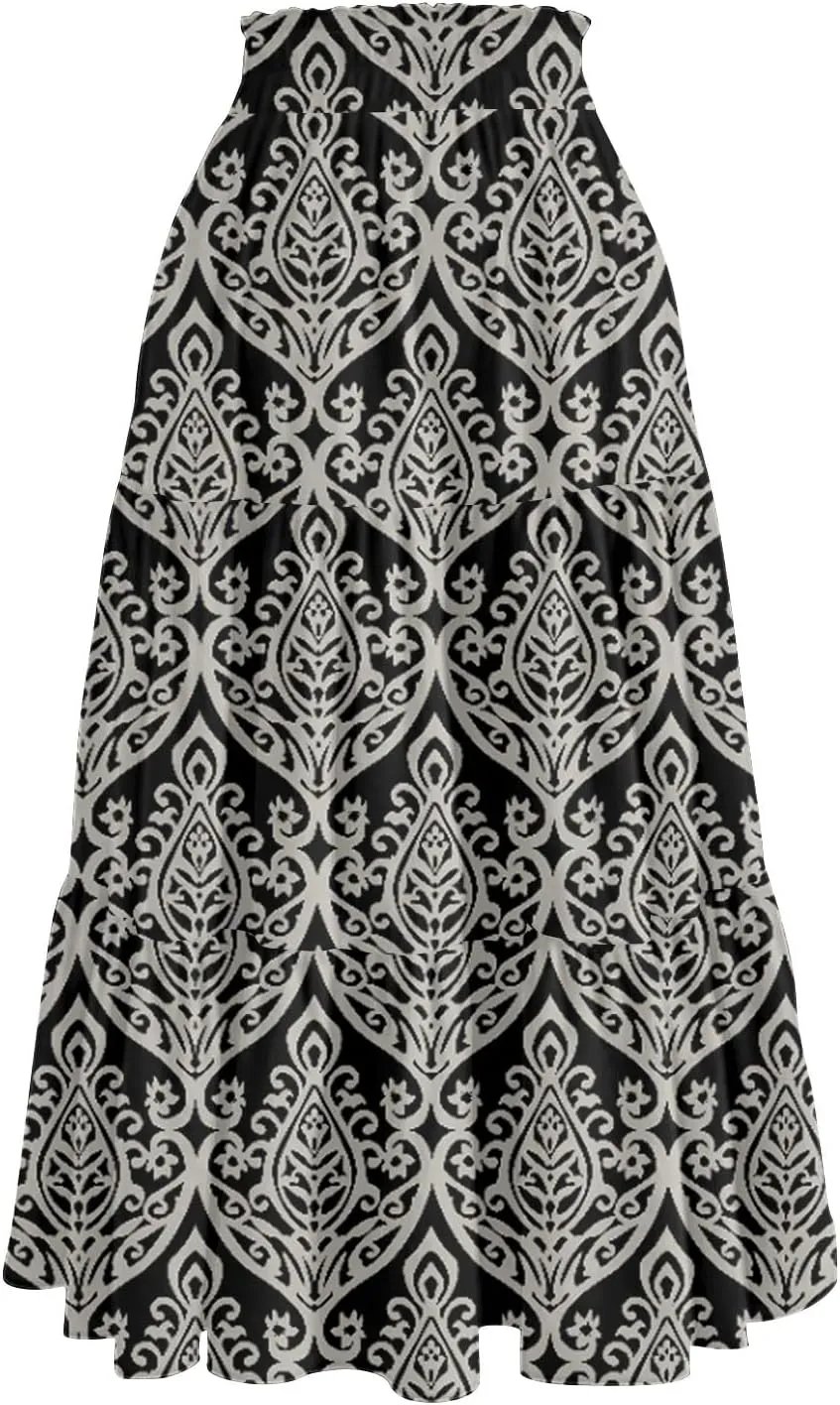 Summer Skirt for Women Comfy Tiered Elastic High Waisted Floral Maxi Skirts Vacation A-Line Flowy Swing Long Skorts