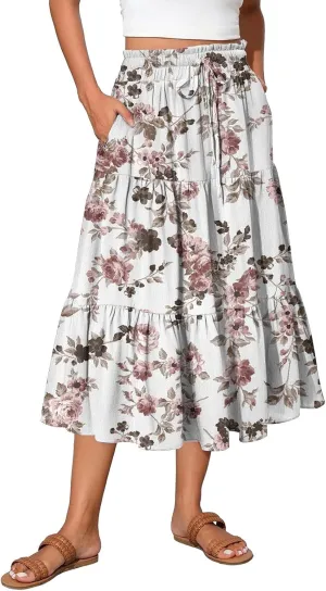 Summer Skirt for Women Comfy Tiered Elastic High Waisted Floral Maxi Skirts Vacation A-Line Flowy Swing Long Skorts