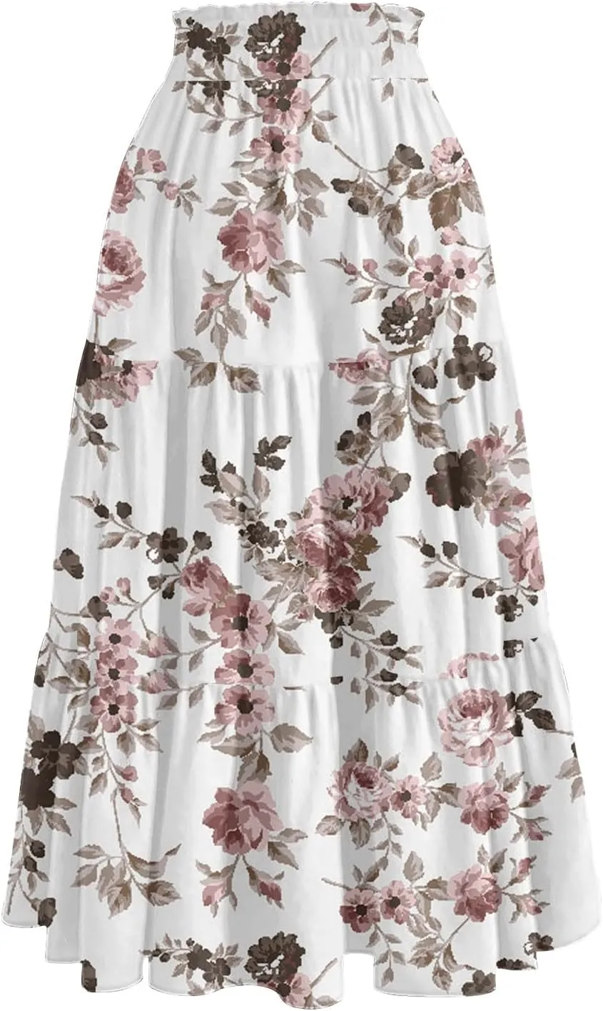 Summer Skirt for Women Comfy Tiered Elastic High Waisted Floral Maxi Skirts Vacation A-Line Flowy Swing Long Skorts