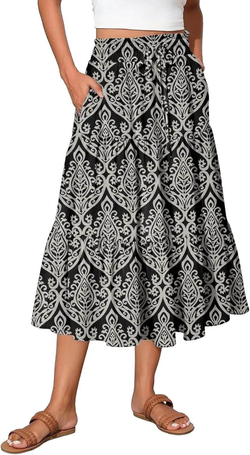 Summer Skirt for Women Comfy Tiered Elastic High Waisted Floral Maxi Skirts Vacation A-Line Flowy Swing Long Skorts