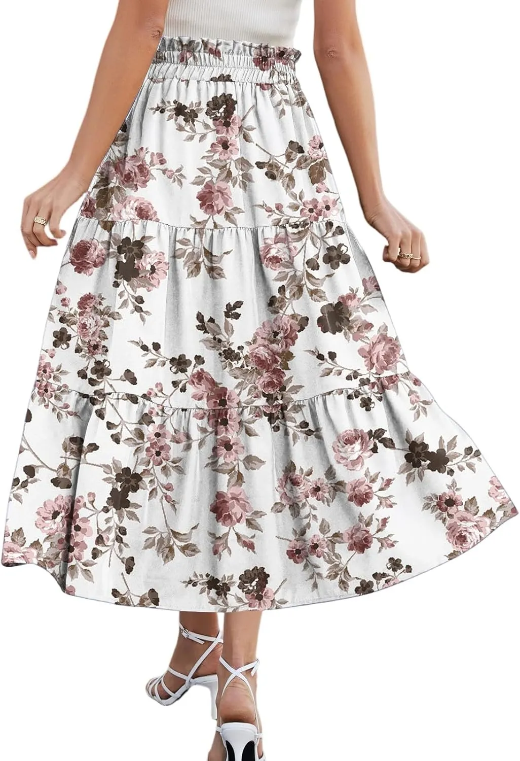 Summer Skirt for Women Comfy Tiered Elastic High Waisted Floral Maxi Skirts Vacation A-Line Flowy Swing Long Skorts