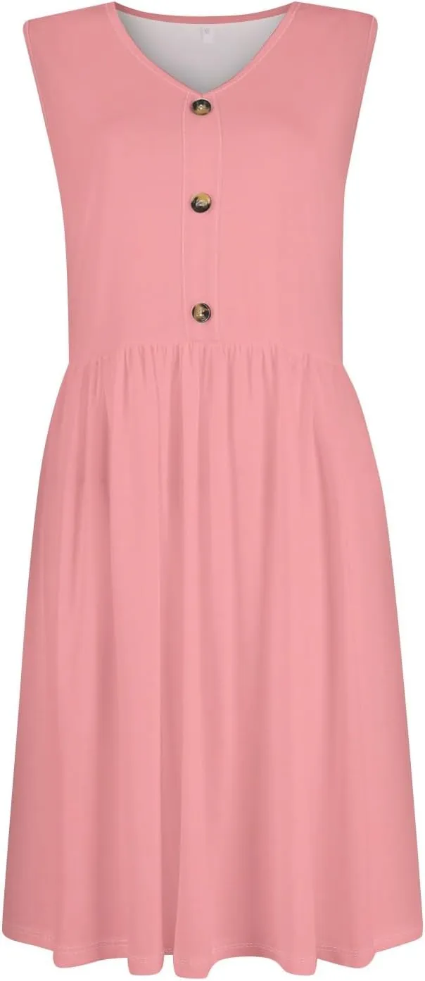 Sun Dresses for Women 2025 Summer Casual Sleeveless Button Beach Dresses Trendy Solid Color V Neck Dress with Pocket