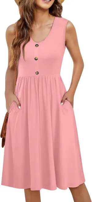 Sun Dresses for Women 2025 Summer Casual Sleeveless Button Beach Dresses Trendy Solid Color V Neck Dress with Pocket