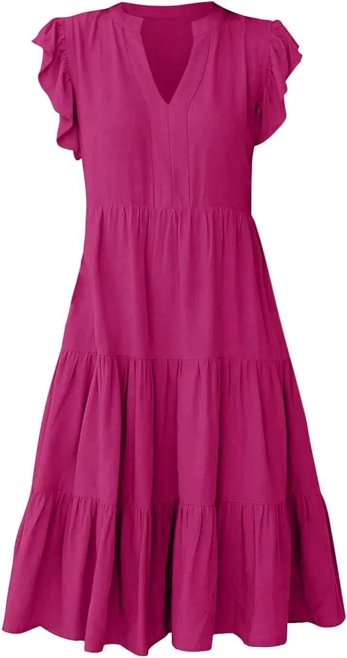 Sundresses for Women 2024 Flowy Cap Sleeve Tiered Ruffle Beach Dress Casual Summer Boho V Neck Midi Dress with Pocket