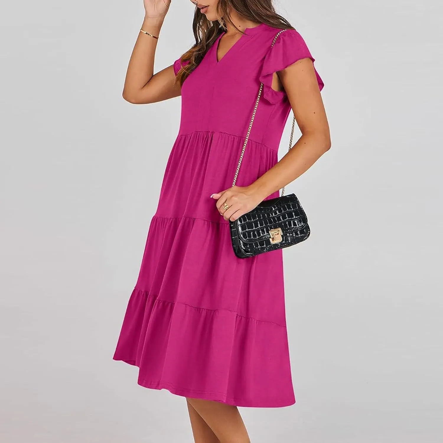 Sundresses for Women 2024 Flowy Cap Sleeve Tiered Ruffle Beach Dress Casual Summer Boho V Neck Midi Dress with Pocket