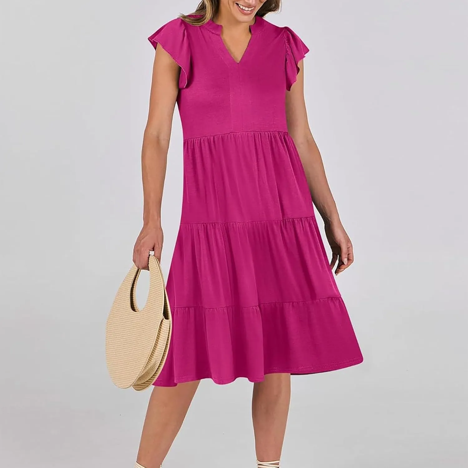 Sundresses for Women 2024 Flowy Cap Sleeve Tiered Ruffle Beach Dress Casual Summer Boho V Neck Midi Dress with Pocket