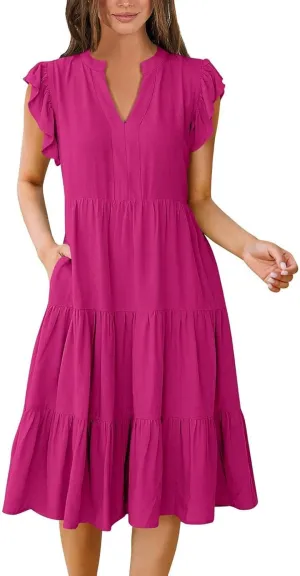 Sundresses for Women 2024 Flowy Cap Sleeve Tiered Ruffle Beach Dress Casual Summer Boho V Neck Midi Dress with Pocket