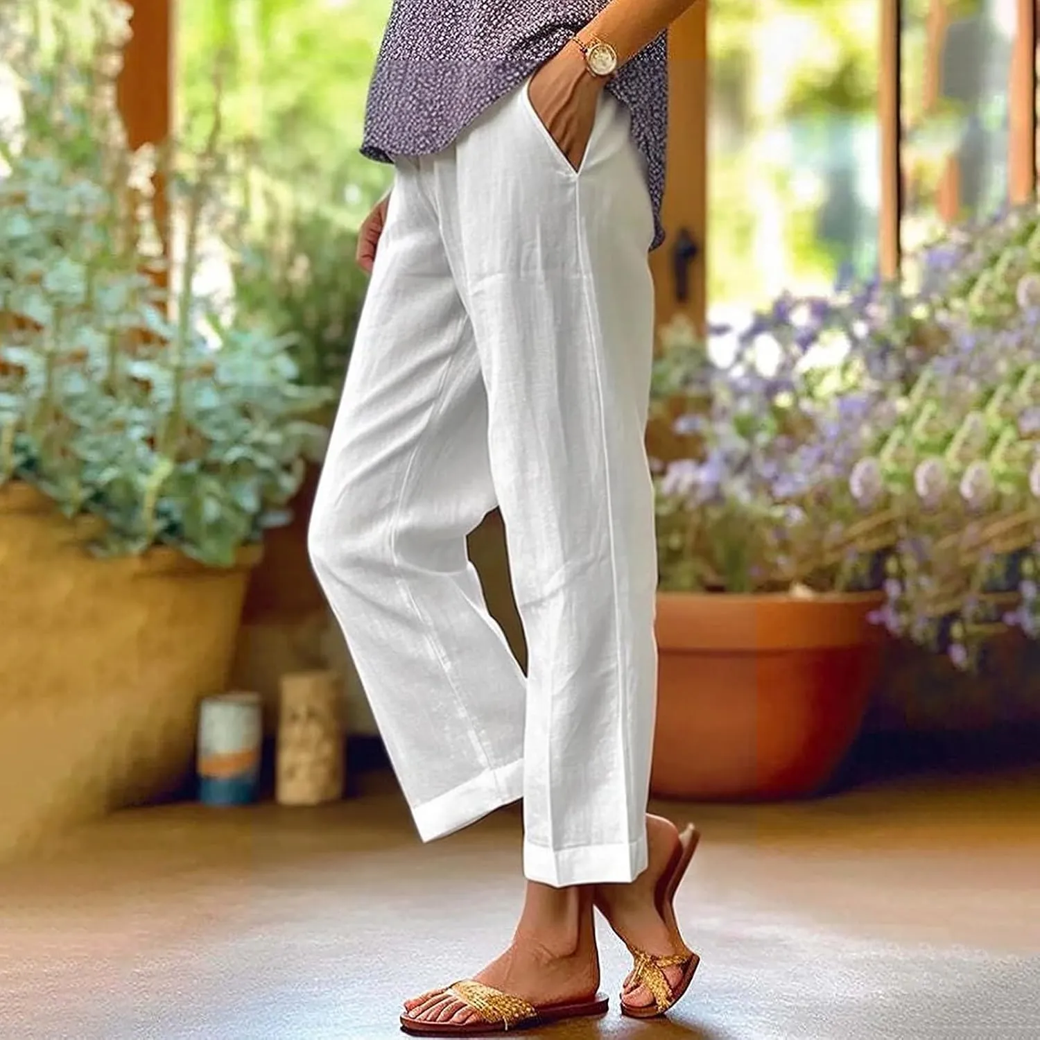Sweat Pants for Womens Casual Cotton and Linen Long Pants Women Summer Boho Lightweight Palazzo Pants Yoga Pants