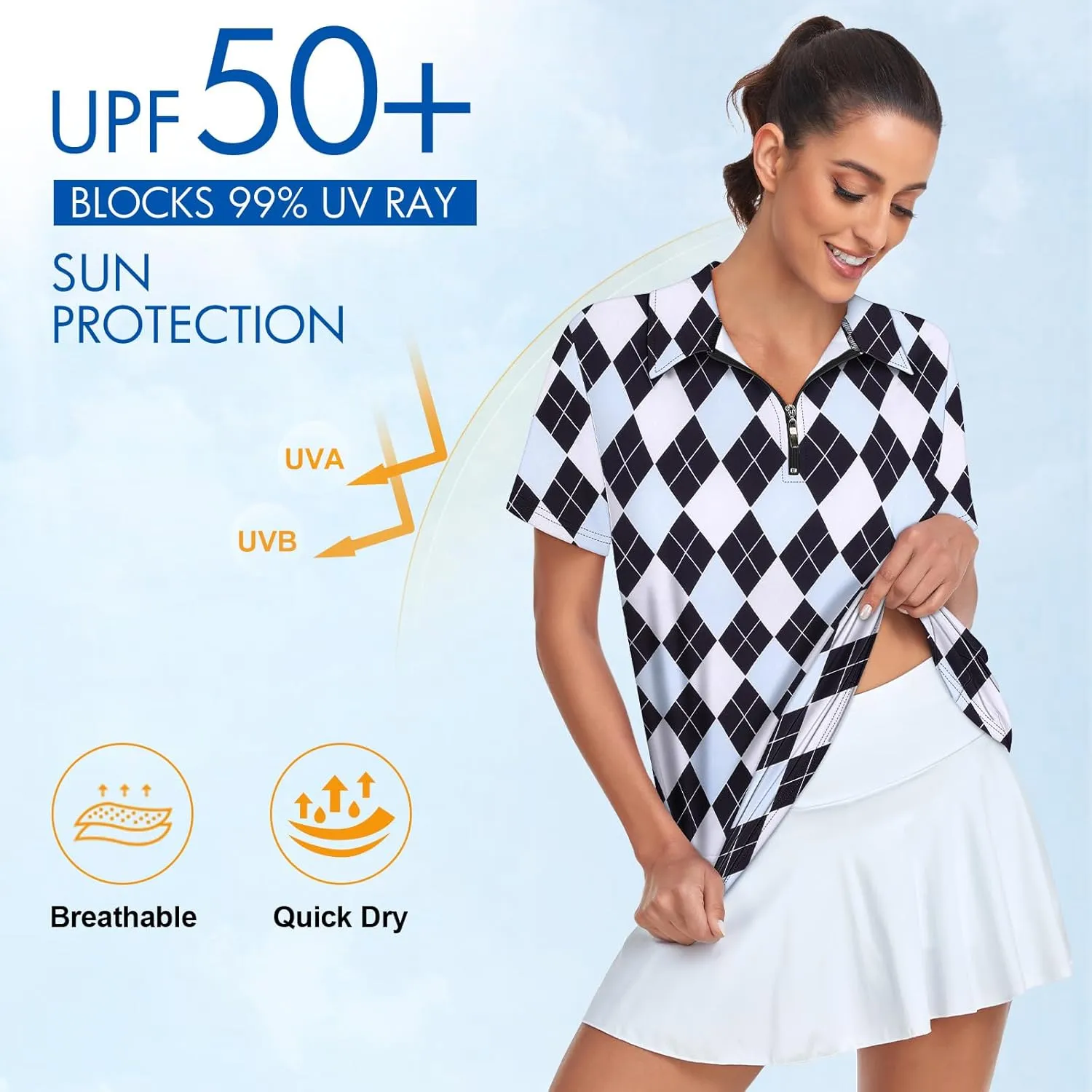 Tanst Sky Women's Golf Polo Shirts Short Sleeve Quarter Zip Pullover Moisture Wicking Workout Tops
