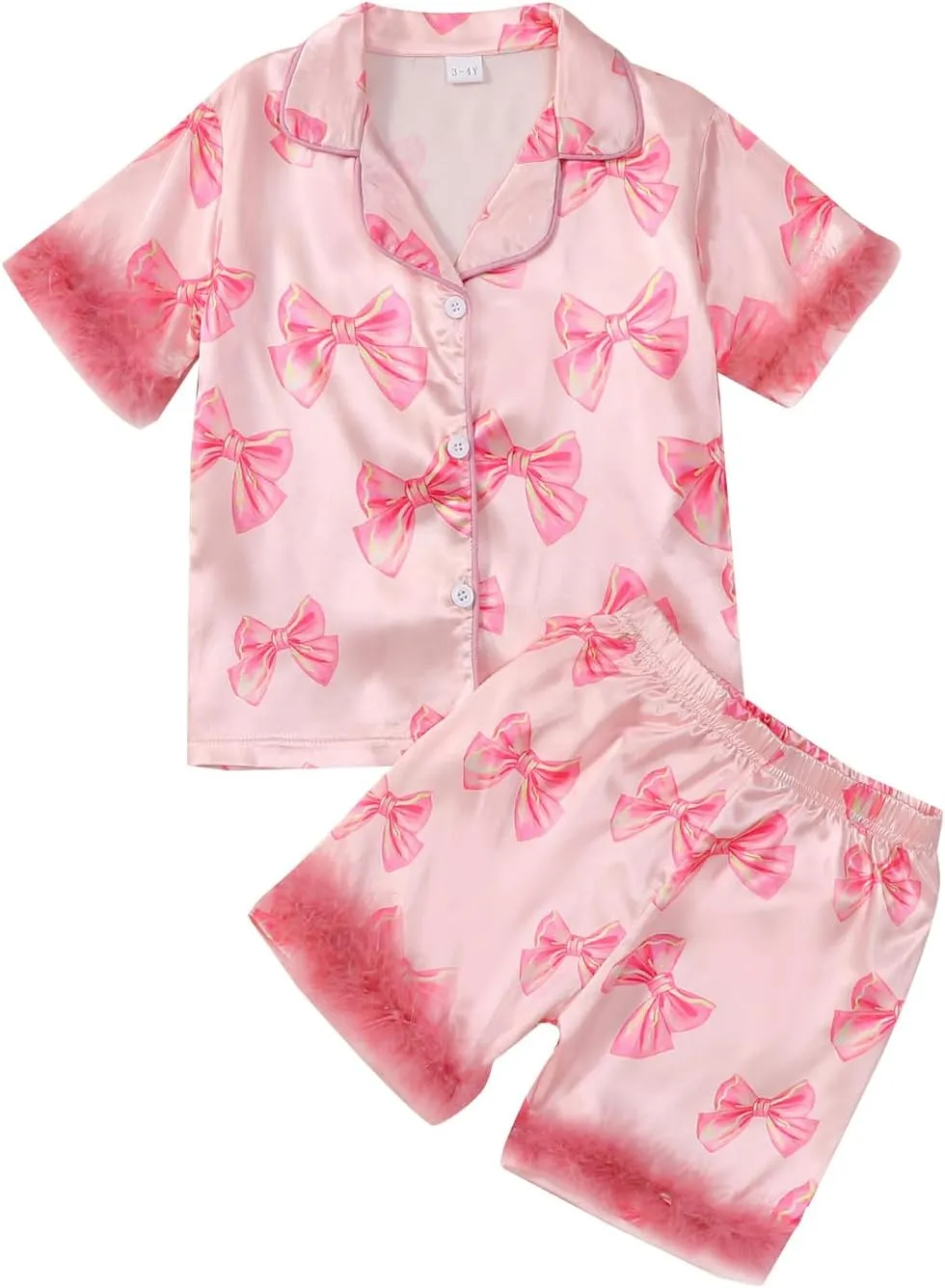 Toddler Baby Girls Summer Silk Pjs Feather Trim Short Sleeve Shirt Shorts Satin Pajama Set Pjs Sleepwear Nightgown