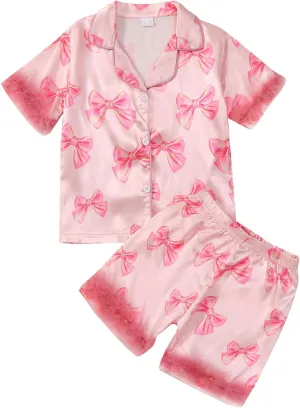 Toddler Baby Girls Summer Silk Pjs Feather Trim Short Sleeve Shirt Shorts Satin Pajama Set Pjs Sleepwear Nightgown