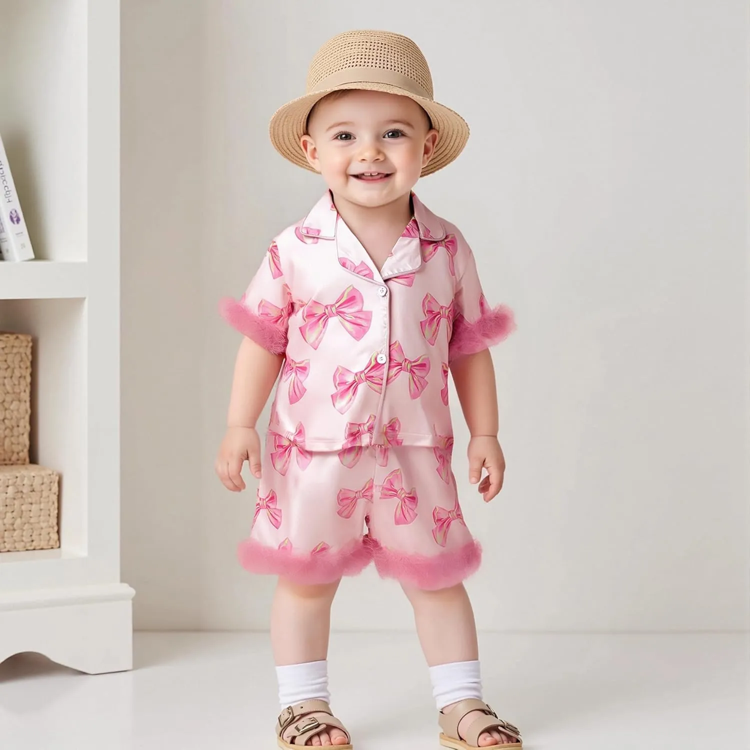 Toddler Baby Girls Summer Silk Pjs Feather Trim Short Sleeve Shirt Shorts Satin Pajama Set Pjs Sleepwear Nightgown