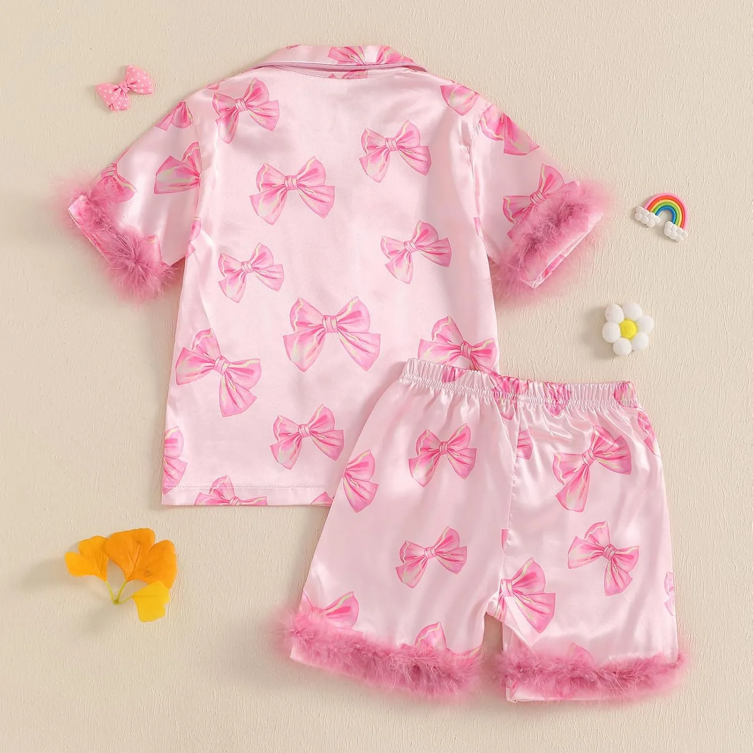 Toddler Baby Girls Summer Silk Pjs Feather Trim Short Sleeve Shirt Shorts Satin Pajama Set Pjs Sleepwear Nightgown