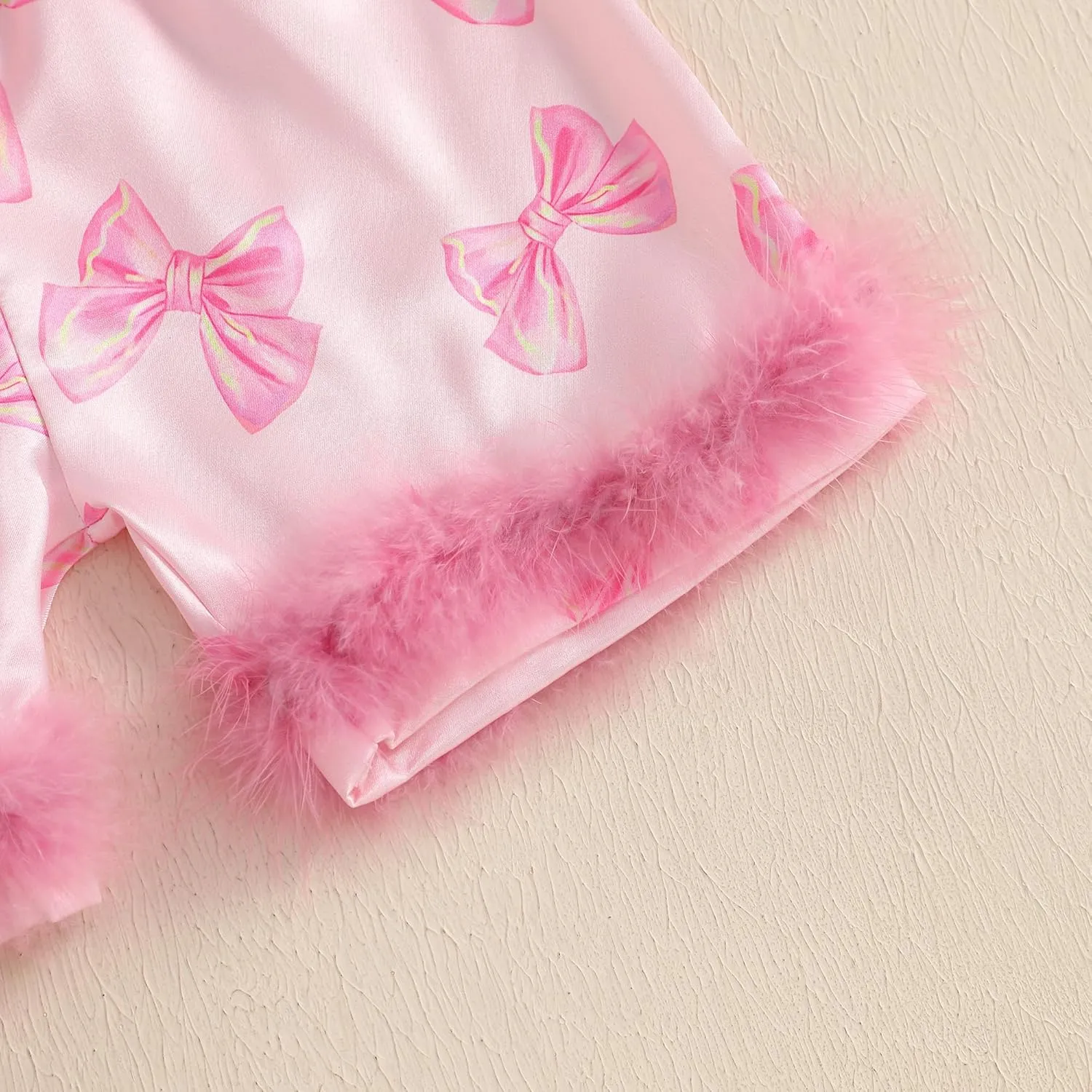 Toddler Baby Girls Summer Silk Pjs Feather Trim Short Sleeve Shirt Shorts Satin Pajama Set Pjs Sleepwear Nightgown