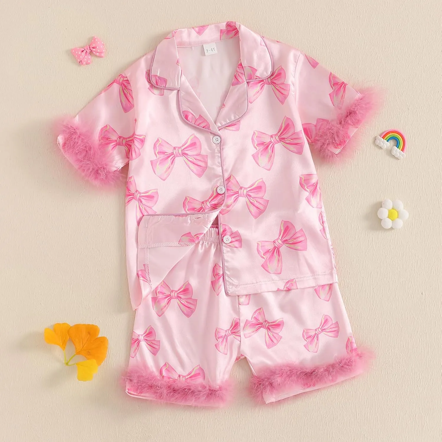 Toddler Baby Girls Summer Silk Pjs Feather Trim Short Sleeve Shirt Shorts Satin Pajama Set Pjs Sleepwear Nightgown