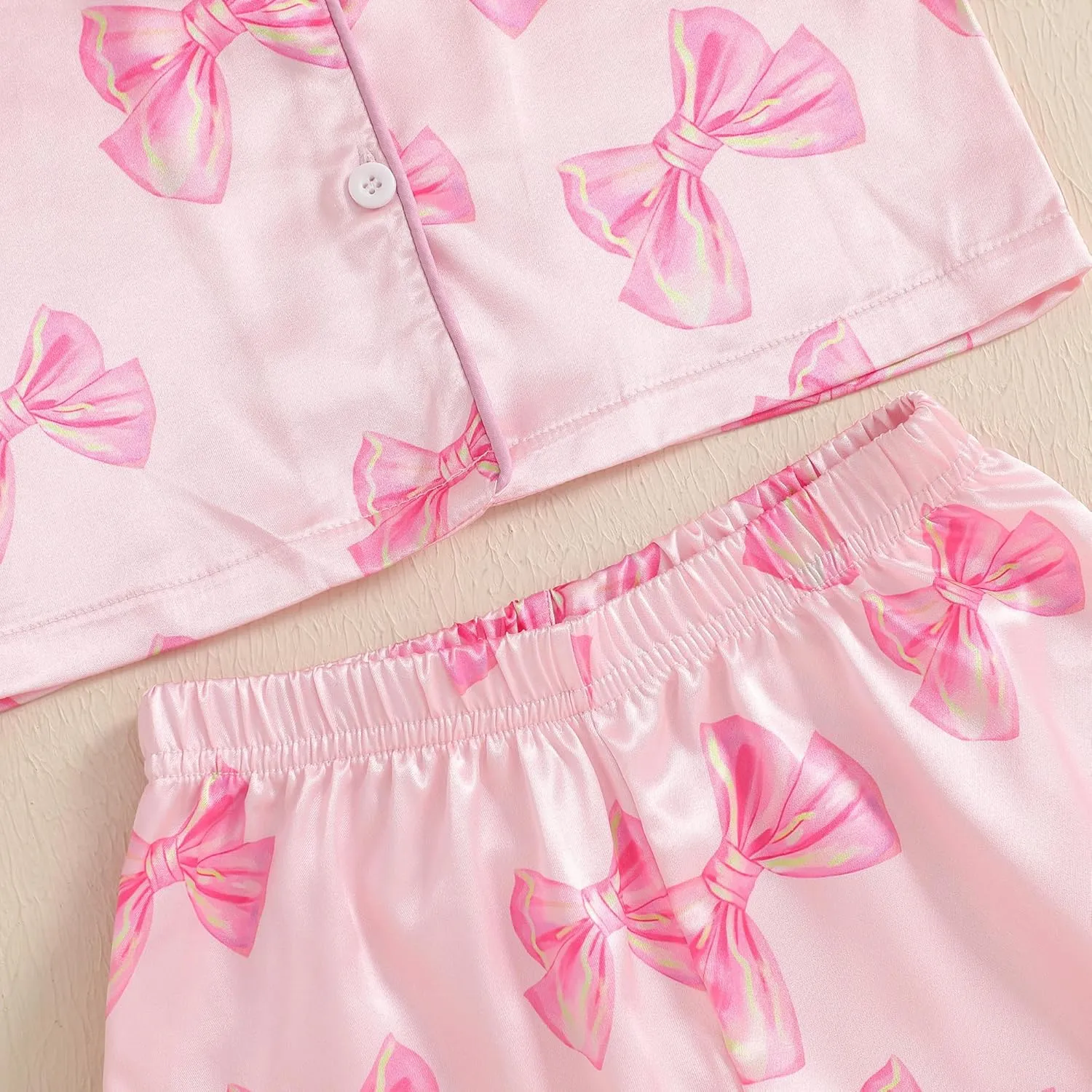 Toddler Baby Girls Summer Silk Pjs Feather Trim Short Sleeve Shirt Shorts Satin Pajama Set Pjs Sleepwear Nightgown