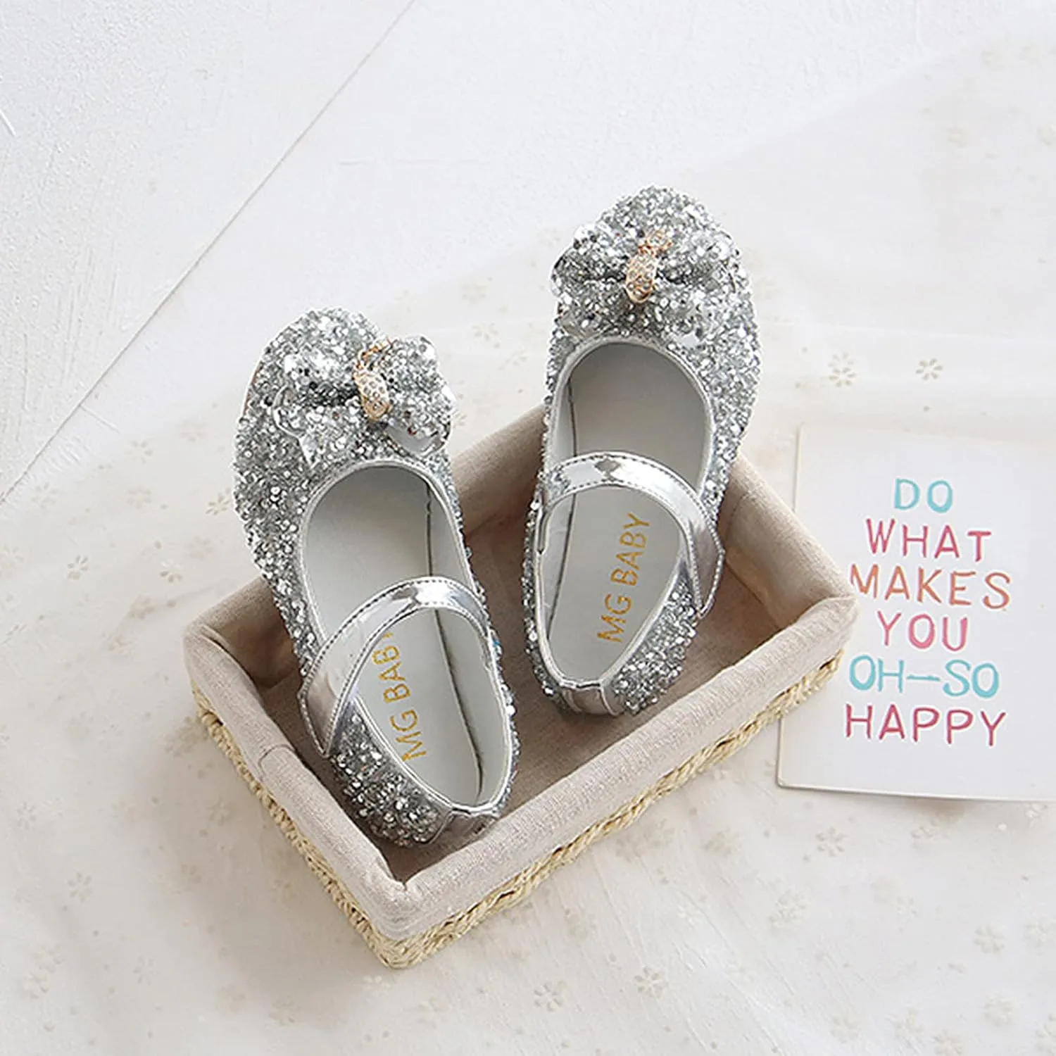 Toddler Girls Closed Toe Ankle Sequins Bow Sneakers with Strap Low Heel Rubber Sole Dress Dance Uniform Shoes