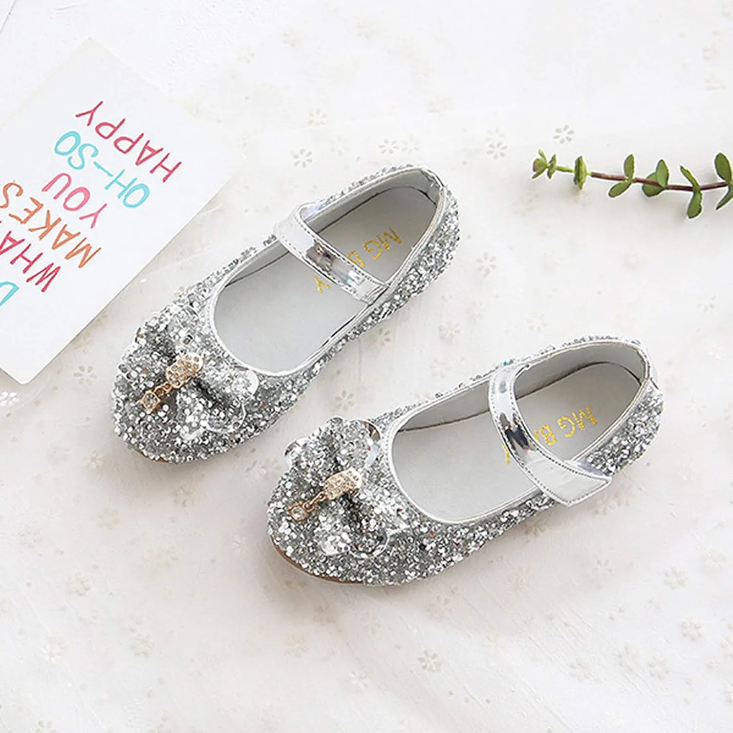 Toddler Girls Closed Toe Ankle Sequins Bow Sneakers with Strap Low Heel Rubber Sole Dress Dance Uniform Shoes