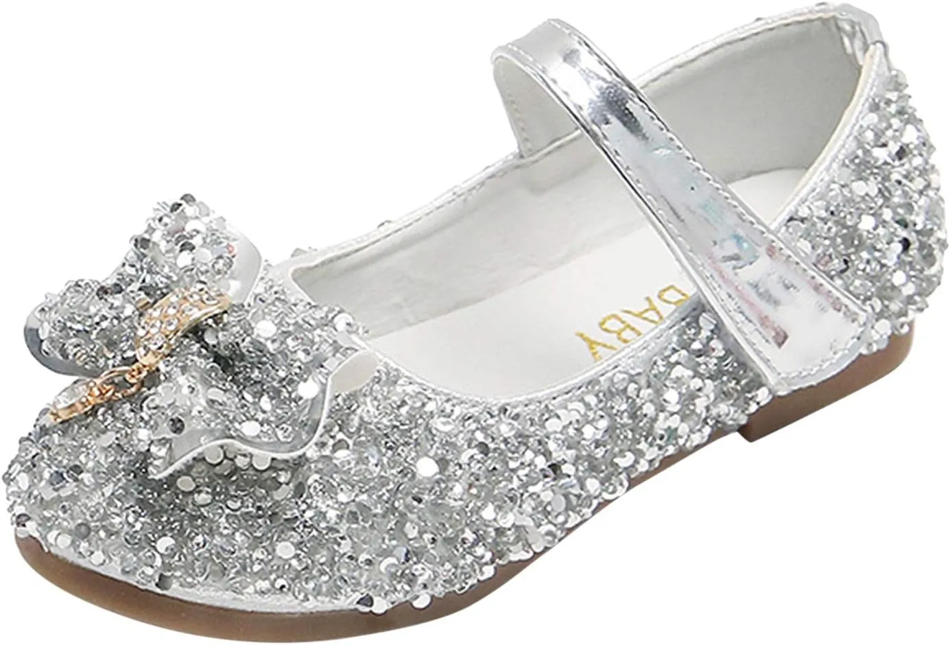 Toddler Girls Closed Toe Ankle Sequins Bow Sneakers with Strap Low Heel Rubber Sole Dress Dance Uniform Shoes