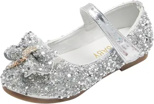 Toddler Girls Closed Toe Ankle Sequins Bow Sneakers with Strap Low Heel Rubber Sole Dress Dance Uniform Shoes