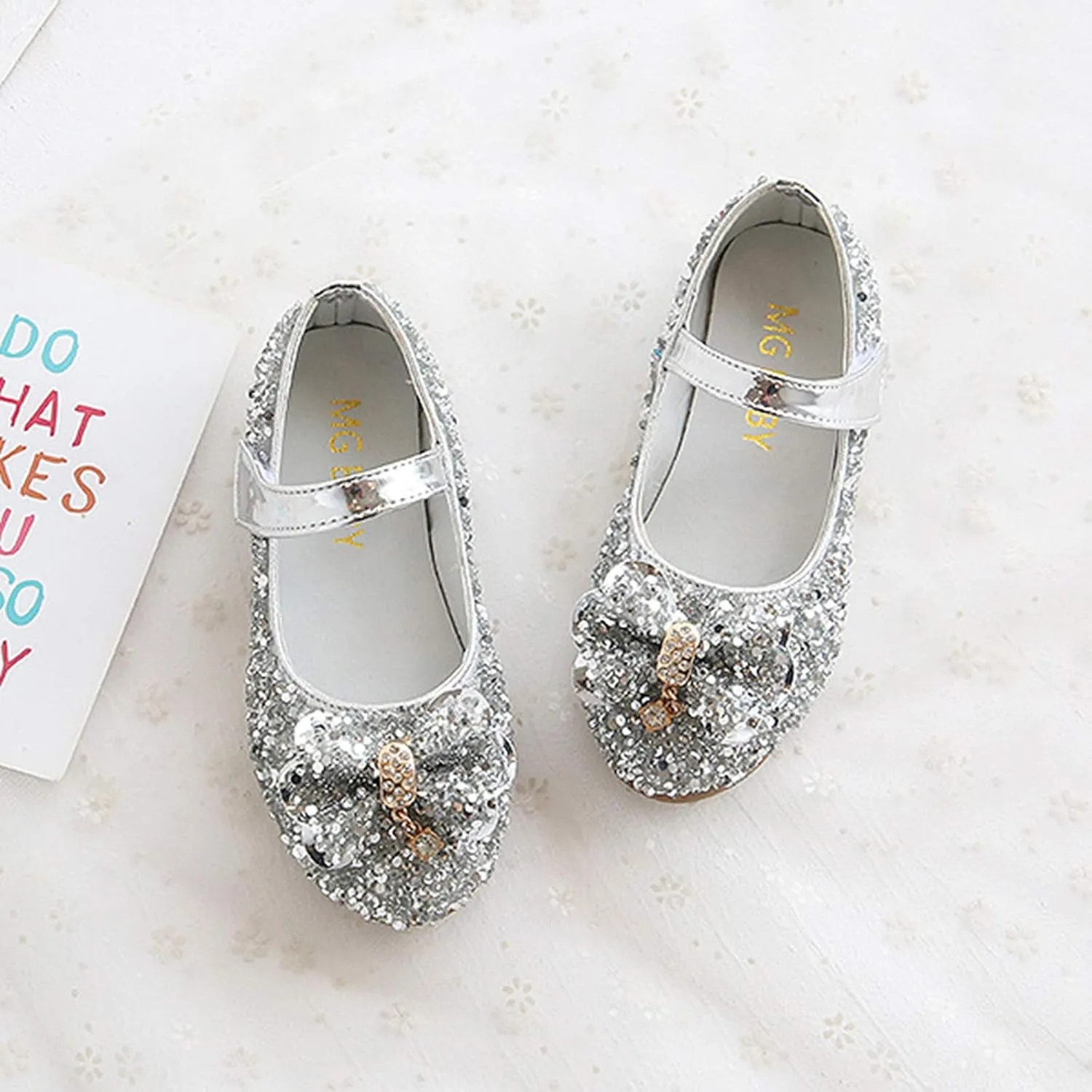 Toddler Girls Closed Toe Ankle Sequins Bow Sneakers with Strap Low Heel Rubber Sole Dress Dance Uniform Shoes